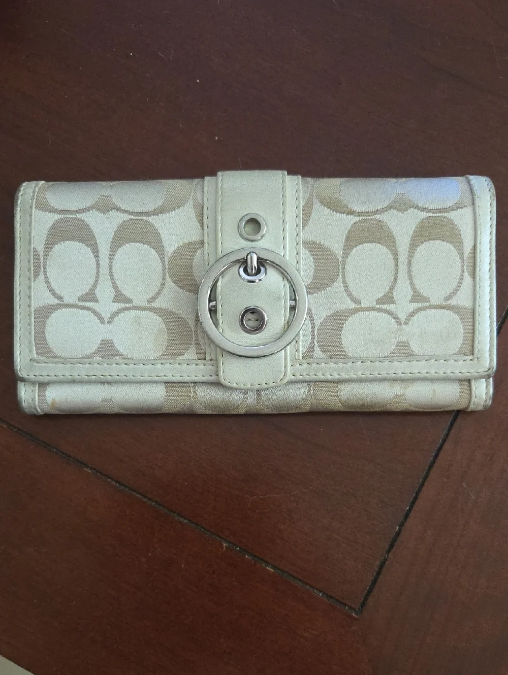 Coach Beige Signature Canvas Wallet with Silver Turn-Lock